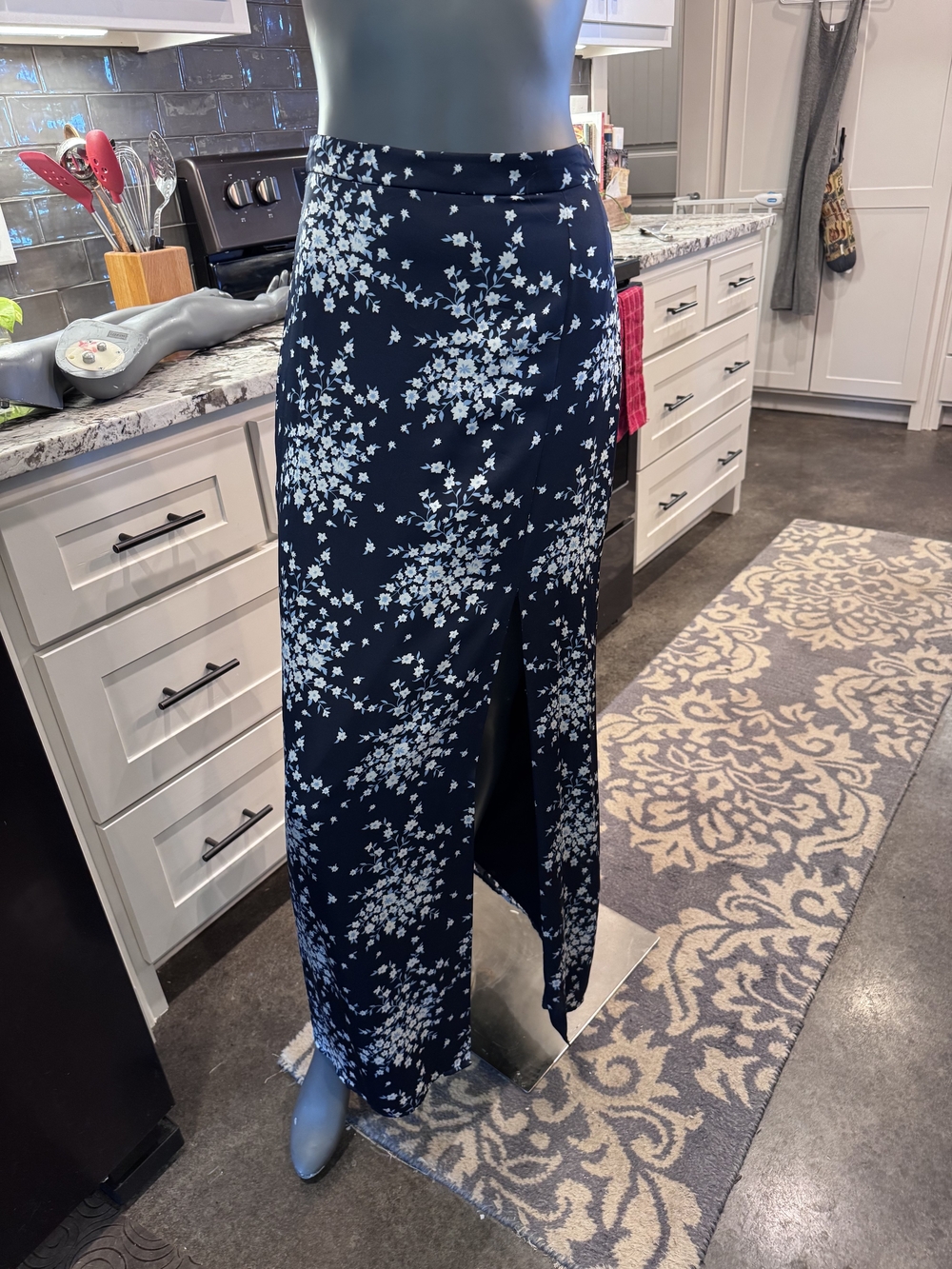 BCBGMaxAzria Navy Maxi Skirt with White Floral Print